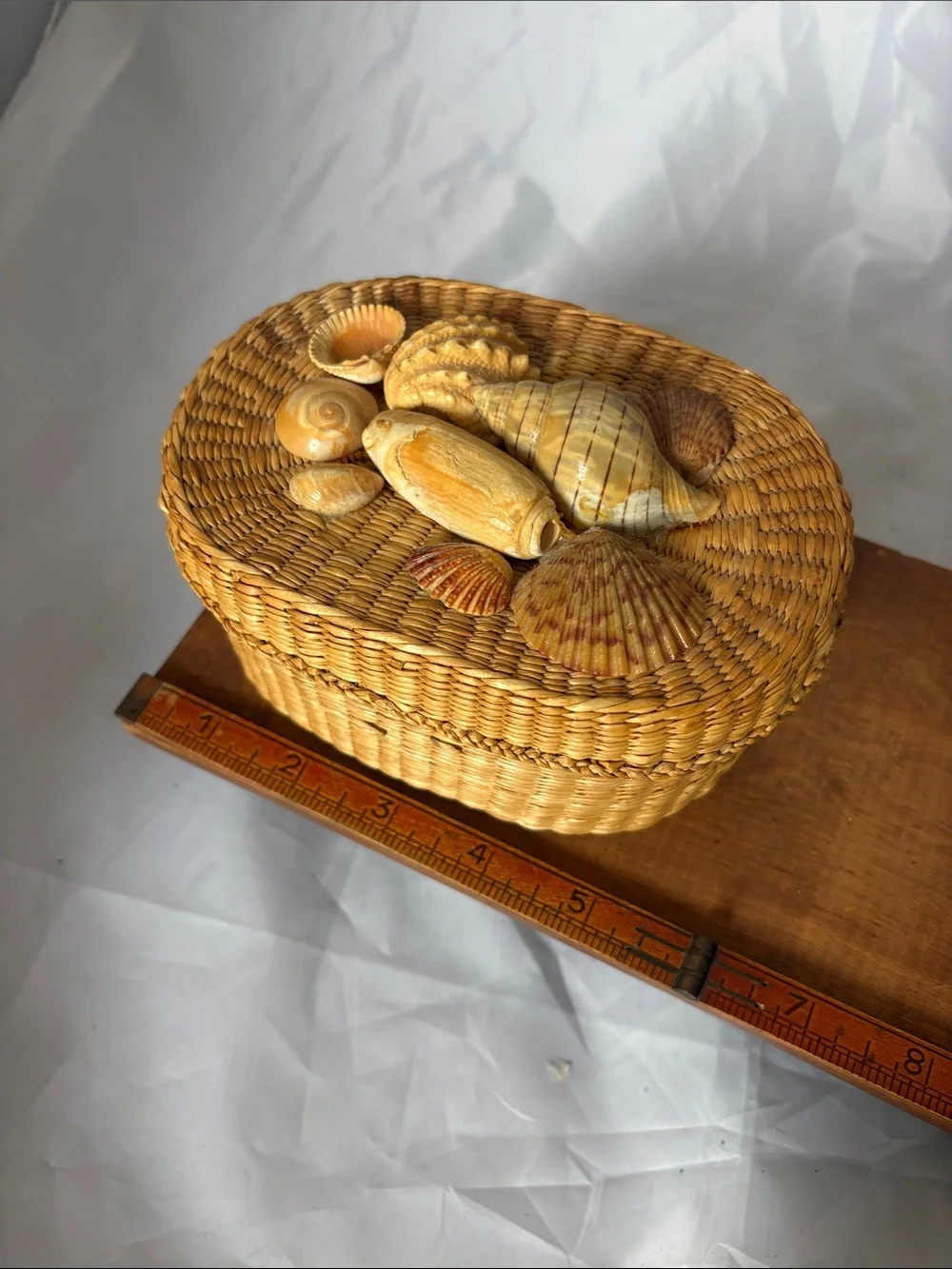 Vintage Woven Basket With Real Shell Decor On Top